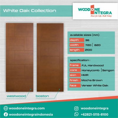 Pintu dari White Oak Collection memiliki serat kayu oak yang kami import dari Amerika. Pintu ini merupakan pilihan sempurna untuk memberikan kesan hangat dan nuansa alam ruangan anda.